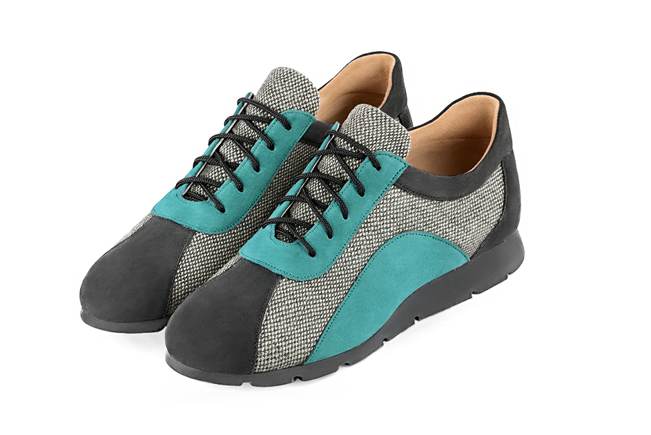 Dark grey and aquamarine blue women's three-tone elegant sneakers. Round toe. Flat rubber soles. Front view - Florence KOOIJMAN